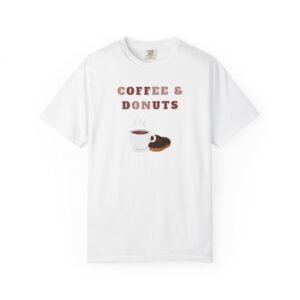 Coffee and Donuts Unisex T-shirt, Breakfast Lover Tee, Coffee Gift Shirt, Foodie Apparel, Coffee Theme Clothing